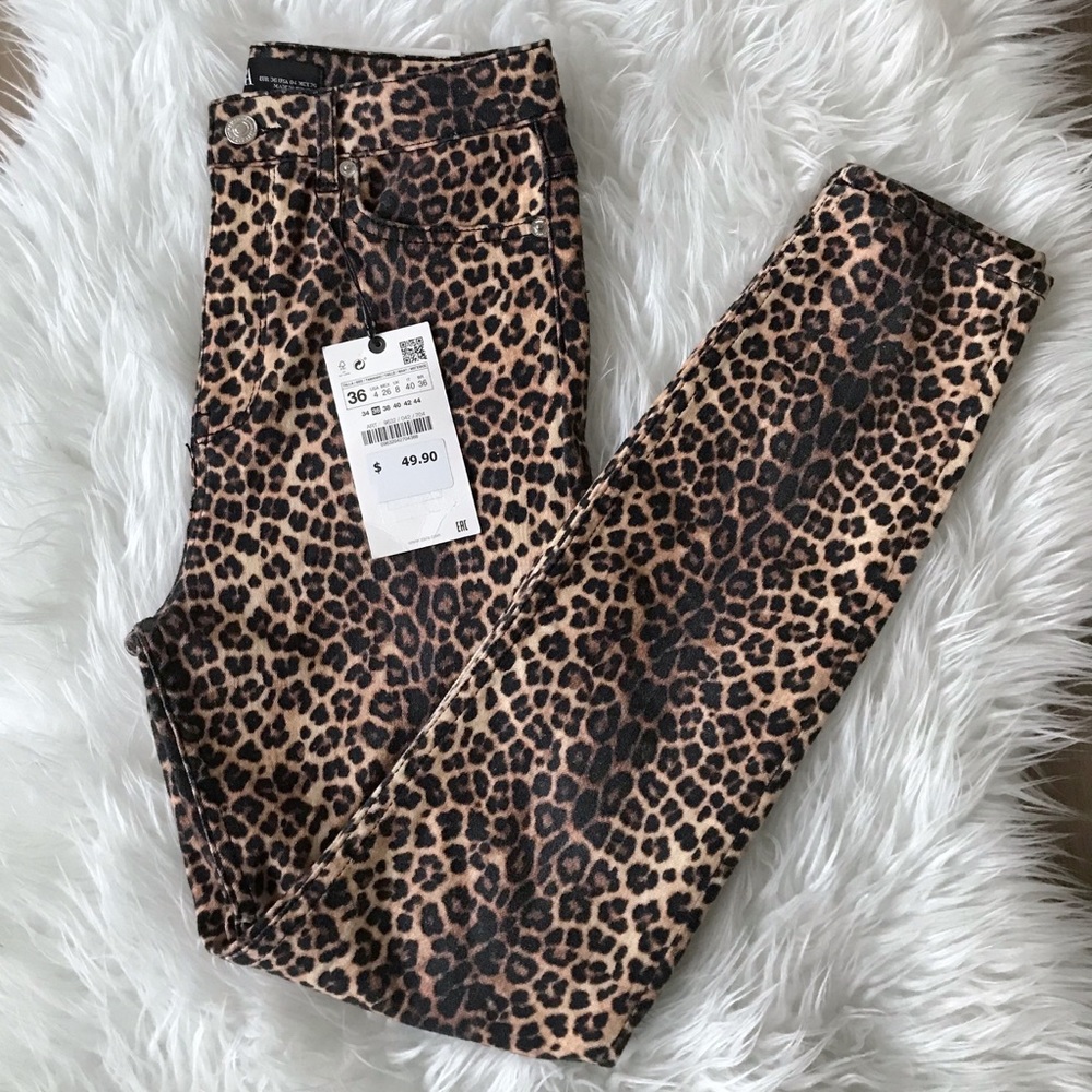 Zara Leopard Print High Waist Skinny Ankle Jeans